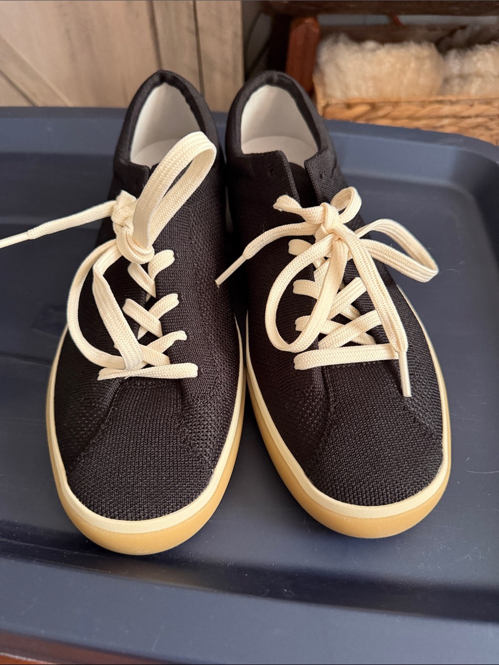 Rothy’s  Black Canvas Low-Top Sneakers with Cream Laces